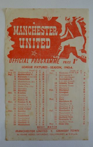1945/46 Division 1 - Manchester United V.  Accrington Stanley Rare Single Sheet