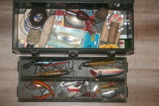 Vintage Union Metal Tackle Box Full Of Old Fishing Lures - Misc - Decoy With Key