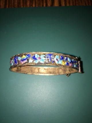 Antique Chinese Silver Blue Enamel Hinged Bangle Bracelet Signed 8 1/4”