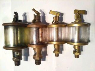 4) Unmarked Antique Brass Lubricator / Oiler Stationary Engine Oil Hit Miss