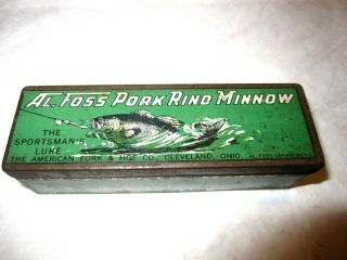 Vintage Al Foss Pork Rind Minnow Tin Fishinglure Box In Green Good Cond.