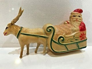 Antique Celluloid Santa In Sleigh Pulled By Reindeer,  4 ",  Very