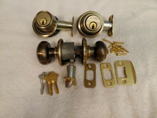 1 Schlage Keyed Entry 2 Single Cylinder Deabolts Antique Brass Keyed Alike 4keys