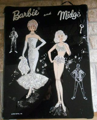1963 Vintage Mattel Barbie And Midge Black Travel Case W/ Key Silver Glitter