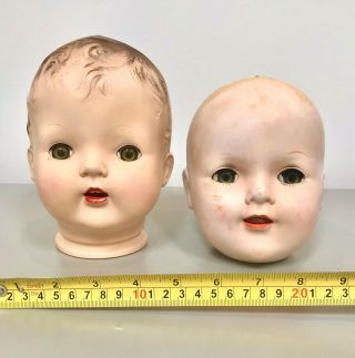 2 Vintage Creepy Baby Doll Heads Halloween Craft Sleepy Eyes & Teeth 7” Tall Xl