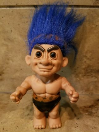 Vintage Russ Troll Doll 5 " - Cave Man Battle Troll With Blue Hair