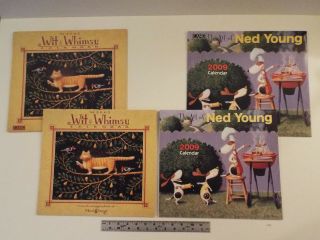 2 Ned Young 2005 & 2009 Art Calendar - Wit & Whimsy - Rare - 12 X 13.  5 - Pets - Folk Art
