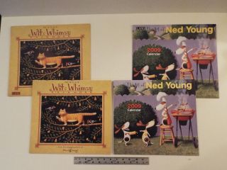 2 Ned Young 2005 & 2009 Art Calendar - Wit & Whimsy - RARE - 12 x 13.  5 - Pets - Folk Art 2