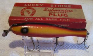 Vintage Lucky Strike Submarine Plug Wood Lure 12/18/19 Box 370 ? Tough Color