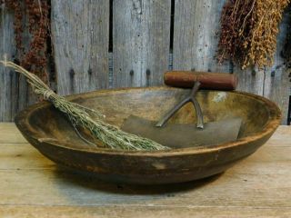 Aafa 19th C Antique Primitive Wood Dough Bowl Patina & Rim & Chopper