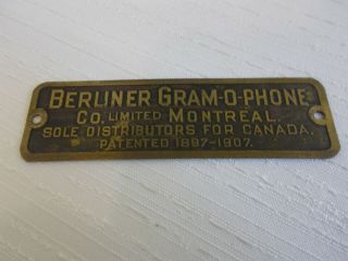 Antique Berliner Gramophone Phonograph Brass Name Plate Pat Dated 1897 - 1907