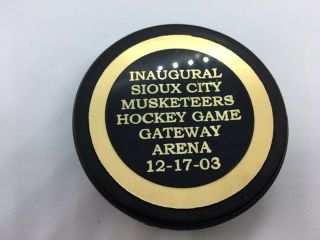 Rare 2003 Sioux City Musketeers Inaugural Hockey Game Puck Gateway Arena Iowa