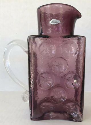 Vintage Blenko Amethyst Water Pitcher Bottle With Handle Joel Myers Rare 1960’s