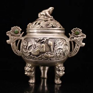 Collectable Decor Old Miao Silver Carve Mandarin Duck Inlay Agate Incense Burner