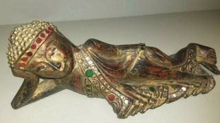 Vintage Burmese Style Lacquered Gilt Wood Figurine Of Reclining Buddha