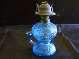Rare Antique Aqua Blue Finger Oil Lamp Burner Pressed Glass Design