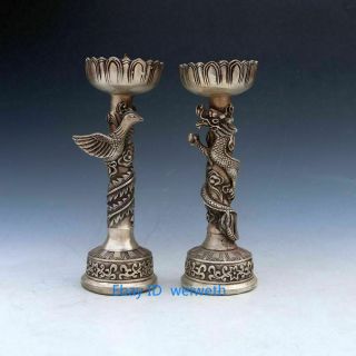 A Pair Exquisite Tibet Silver Dragon And Phoenix Candle Stick Statue