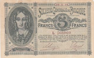 5 Francs Fine Banknote From German Occupied Belgium 1916 Pick - 88 Very Rare