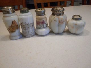 5 Old Victorian Handpainted Glass Muffiner Shakers