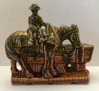Mccoy Usa Pottery Planter - Horse,  Cowboy,  Browns And Greens.  8” Wide