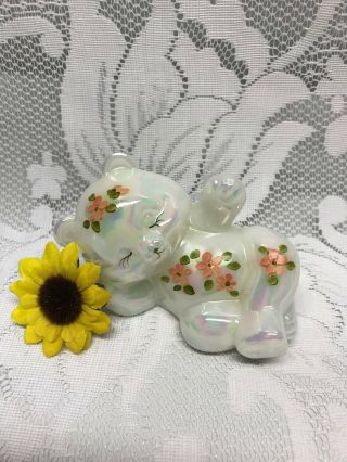 Fenton Rare Bear White Irridized Reclining Hand Painted W/peach Color Flowers