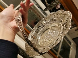Rare Vintage Solid Silver German 800 Basket With Handle Carry Cherubs Pierced