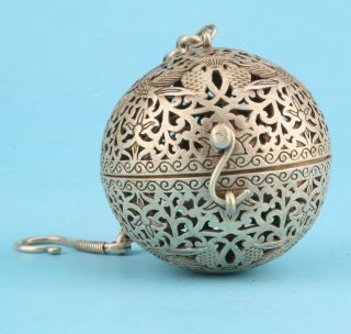 Antique China Tibetan Silver Pendant Incense Ball Hollow Out Flower Bird Craft
