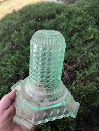 Rare Antique Green Glass Pedestal Kerosene Oil Lamp Base Thousand Eye