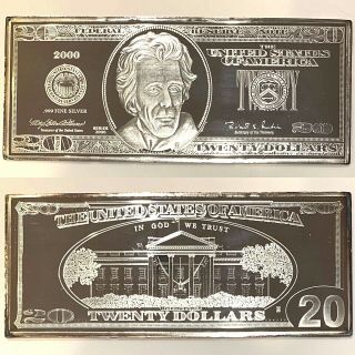 4 Oz Silver Us $20 Dollar Bill.  999 Fine In Capsule & Rare