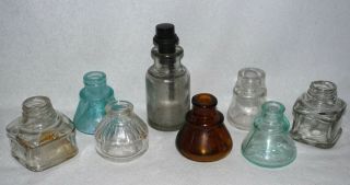 8 Antique Ink Bottles,  2 Aqua,  1 Brown,  & 5 Clear,  Carter 