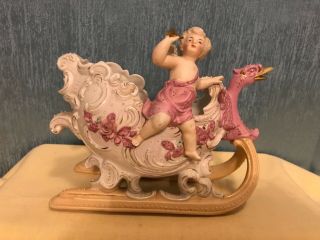 Antique / Vintage Bisque Porcelain Cherub Cupid In A Sleigh Figurine German