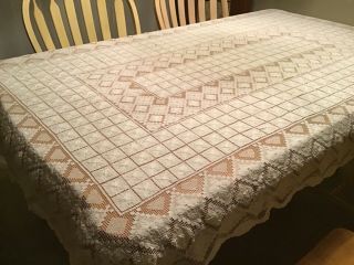 Antique Vtg Crochet Filet Net Lace Table Cloth Ivory Or Off White - 82” X 52”.