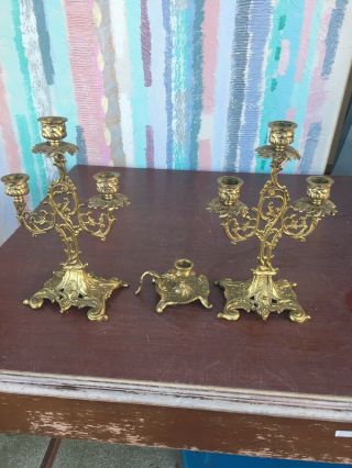 Vintage Three Of Antique Style Brass Candle Holders