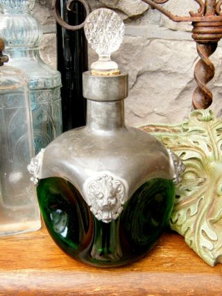 Vintage - Rare Emerald Glass/pewter/lion Head Large Concave Bottle - Gothic - C1930 