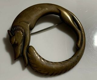Rare 1920’s Art Deco Thomas L Mott Large Bronze Fox Circular Brooch