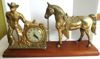 Vintage 50s United Clock Cowboy Horse Gold Metal Rare To Find B