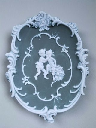 Antique Victorian Style Green & White Jasperware Wall Plaque Cherubs Angels
