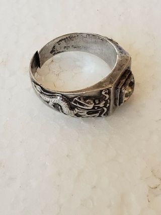 Chinese Export Sterling Silver Dragon Ring Vintage Antique Clear Stone Detailed