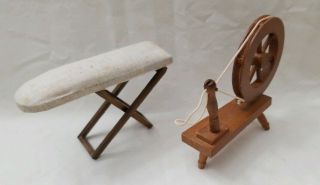 Vintage Miniature Dollhouse Wooden Furniture Sewing Spinning Wheel & Iron Board
