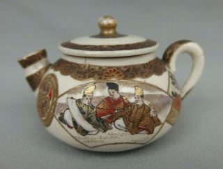 Small Antique Japanese Satsuma Tea Pot Teapot W Figures Early 20th C.