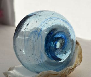 Vintage Japanese Glass Fishing Float With Blue Swirls,  3.  10 " Diameter