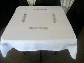 Vintage Tablecloth Hand Embroidered Small Flowers - Linen