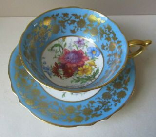Vintage Paragon Fine Bone China Tea Cup & Saucer Heavy Gold Trim Floral Sky Blue