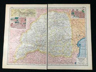 Vintage Map 1920,  Transvaal,  Johannesburg Pretoria Insets,  Harmsworth 
