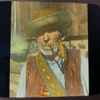 Antique Magic Lantern Slide Photo Color Old Mountaineer Peasant Czech Pipe