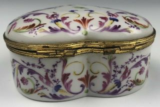 Antique French Hand Painted Porcelain Gilt Brass Heart Trinket Jewelry Box GRS 3
