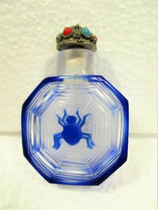 A Chinese Peking Cameo Glass Snuff Bottle Blue Spider On Web Faceted Sides
