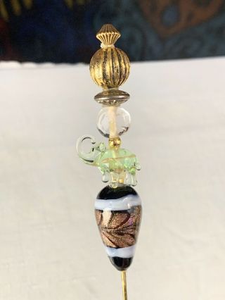 Antique Blown Art Glass Elephant Bead Vintage Ladies Hat Pin Stick Early Estate