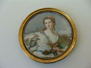 Antique Miniature Painting Of A Young Lady In A Brass Frame Liner