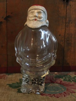 Antique Vintage Glass Santa Candy Container W/ Label